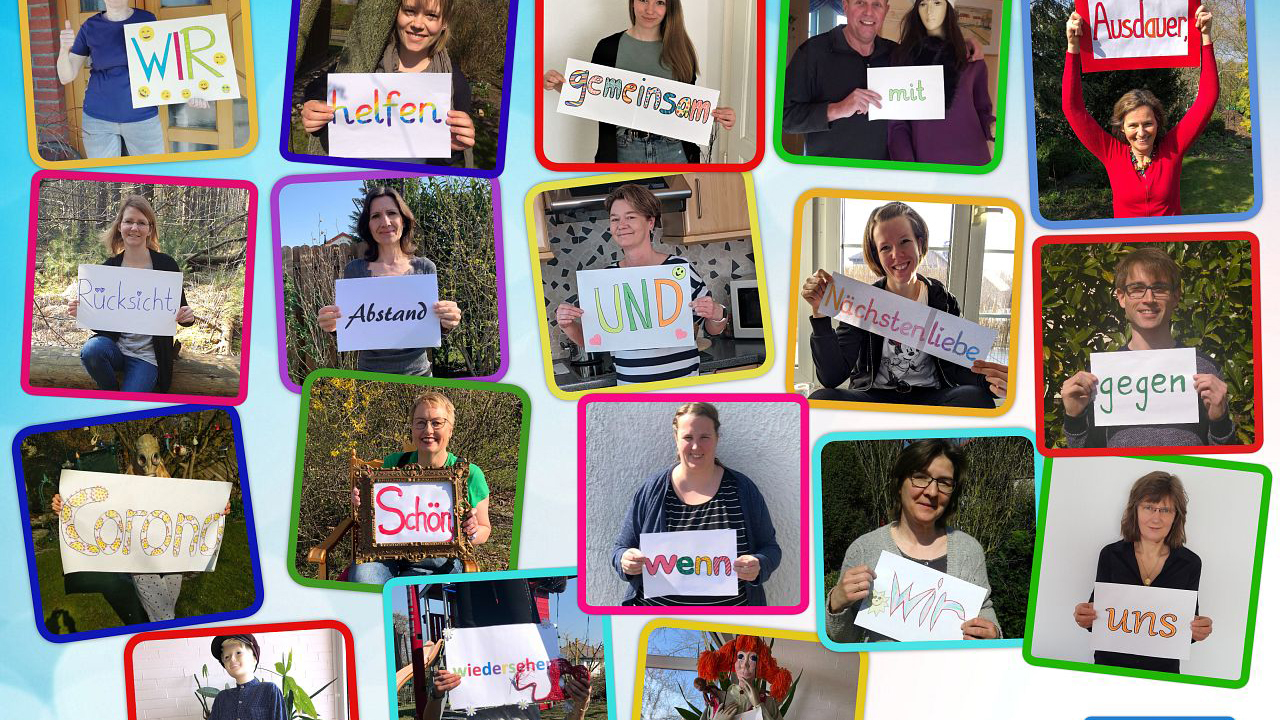 Collage die Lehrer mit Schildern bilden die Botschaft "Wir helfen gemeinsam mit Ausdauer, Rücksicht, Abstand und Nächstenliebe gegen Corona. Schön, wenn wir uns bald wiedersehen!"